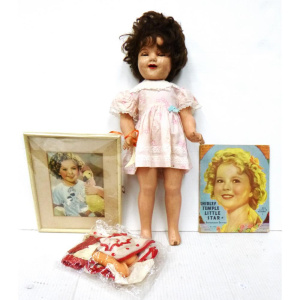 Group lot of Vintage Shirley Temple items inc,1930s Composition Doll marked Shir