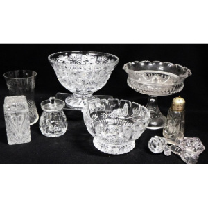 Group Lot Vintage Cut Glass & Crystal - Large Pedestal Bowls, Vase, Lidded J