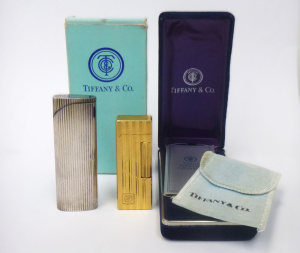 2 x Vintage Tiffany & Co Cigarette Lighters - Gold and Silver Tone w Vertica