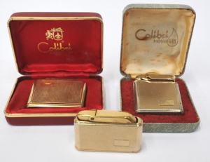 3 x Vintage Colibri Gold Toned Monogas Lighters incl Two w Cases