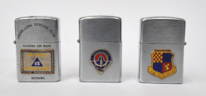 3 x Vintage Vulcan Cigarette Lighters w Emblems to Front , One Marked 14th Aviat