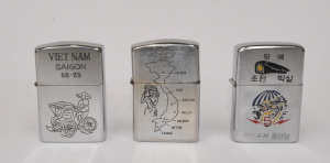 3 x Zippo Cigarette Lighters w Vietnam War Decorations to Fronts & Backs