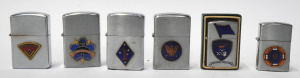 6 x Vintage Army Themed Fuel Cigarette Lighters w Enamelled Emblems to Front inc