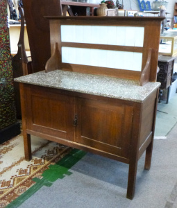 Lot 3 - Circa 1900 Wooden Washstand with white tiled back & reconstituted ma