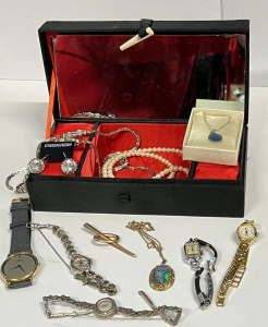 Lot 39 - Group - jewellery box, cocktail watches, 2 x Marcasite, Seiko quartz, b