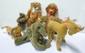 Lot 67 - Box lot of Vintage Soft Toys inc, 1960s Monkey Japan made bear, Steiff