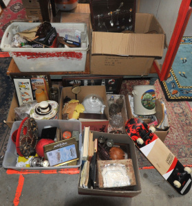 Lot 72 - 9 x Boxes of Assorted Goods incl Ceramics, China, Shells, Books, Bellow