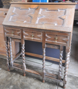 Lot 100 - 1930s Oak Secretaire w Lime Wash Finish, Barley Twist Legs & Foldo