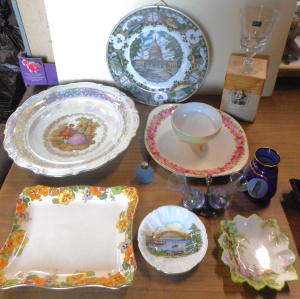 Lot 108 - Box lot pretty China & Glass, incl Fluorite Glass Oil Pourer, Shel