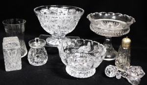 Lot 132 - Group Lot Vintage Cut Glass & Crystal - Large Pedestal Bowls, Vase