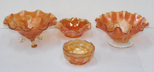 Lot 214 - 4 pces Marigold Carnival Glass inc Dugan Cherries Tri Footed Bowl 21cm