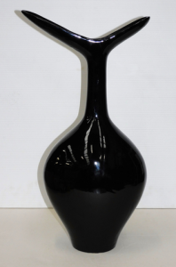 Large unmarked Modernist Ceramic Vase - slick black glaze, unusual MCM shape, no
