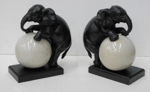 Pair of Cast Metal Elephant Bookends - rolling a Ball - mounted on wooden base 2