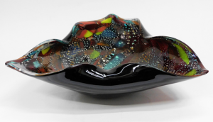 Vintage Murano Art Glass Bowl - Triangular shape w folded edges, multi coloured