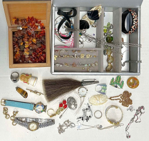 Lot 52 - Group - jewellery box costume jewellery, Murano watch, heaps earrings,