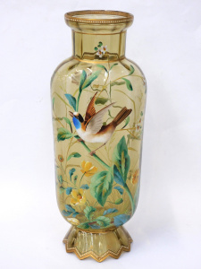 Lot 354 - c1900 Moser Czech Citrine Glass Vase - Hand painted Bird on Branch wit