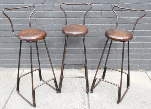 Lot 7 - 3 x Vintage French Bar Stools w Leather Seats - Approx 96cm H Each