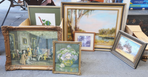 Lot 72 - Box lot of Assorted Framed Pictures incl Watercolours, Prints, Landscap