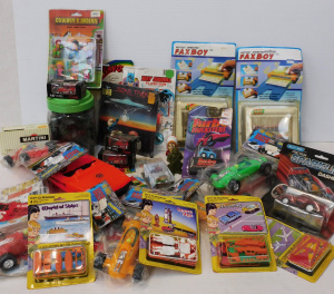 Lot 82 - Box of Vintage Packaged & Loose Plastic Toys & Comics inc Monog