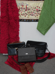 Lot 86 - Mixed Box lot ladies items inc Green Mohair throw, 2 x red textured thr