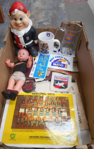 Lot 98 - Box Aussie rules footy items, incl stickers, 60s Essendon doll, Badges,