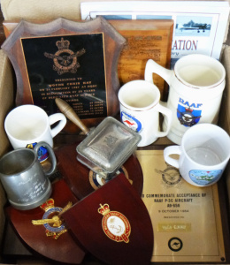 Lot 104 - Box Lot RAAF Related Items - incl Plaques, Tankards, Silver Plated Cru