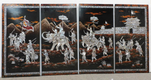 Lot 110 - Suite of Four Lacquer Oriental Panels - mother of pearl off to battle