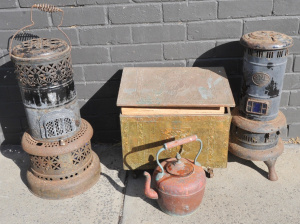 Lot 115 - Group lot - old Brass Firebox w embossed Coronation 1953 design to top