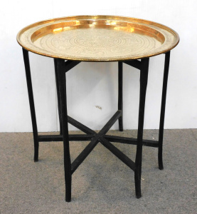 Lot 119 - Vintage Eastern Brass side table - Round with etched detail - folding