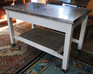 Lot 120 - Vintage White Painted Kitchen Work Table w Metal Top & Section to