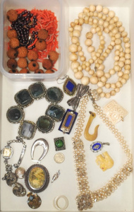 Lot 223 - Box costume jewellery, odd silver, coral, ivory, garnet beads, ivory,