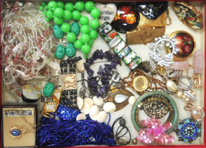 Lot 249 - Box costume jewellery etc brooches, bracelets, beaded fringe, earrings