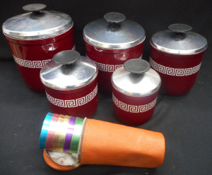 Lot 307 - Set Retro Kitchen Cannisters with Lids, plus set Anodised Picnic cups