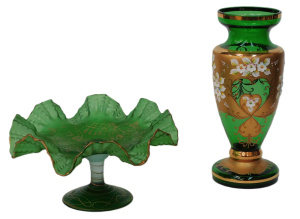 Lot 318 - 2 pces Vintage Green Art Glass inc Bohemian Vase with gilt & ename