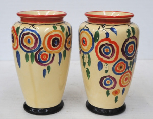 Lot 336 - Pair Art Deco English Crown Ducal Hand painted vases - Cream with Blac