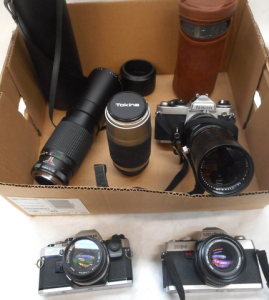 Box Cameras and Lenses, Olympus OM10, Minolta XG-1, Nikon, Tokina, etc