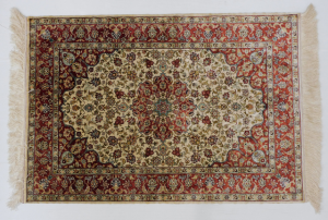 Gordes Pure Silk Rug - Traditional Pattern - Cream, Maroon & Black - Fringed