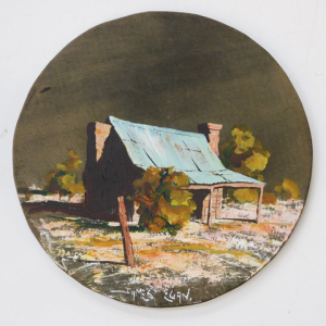 James Egan (1929 - 2017) Oil painting on Leather - Country bush homestead 31cm D