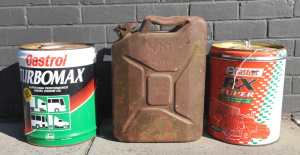 2 x Castrol 20L Turbomax Motor Oil Tins & 1951 Petrol Can w War Department B