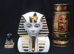 3 x Egyptian themed items inc White Ceramic with gilt Tutankhamun bust 27cm H, B