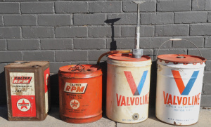 4 x Vintage Motor Oil Tins incl 5 Gallon Valvoline Tin w Hand Pump, Valvoline Su