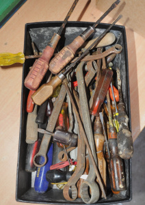 Box lot of Vintage Tools incl Sidchrome Spanners & Small Screwdriver, Assort