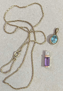 Group 9ct gold Jewellery - gold chain, Amethyst & diamond pendant & blue