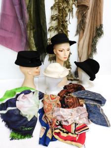 Group lot of Vintage Ladies Hats & Scarves incl Black Felt Hats by Bermona T