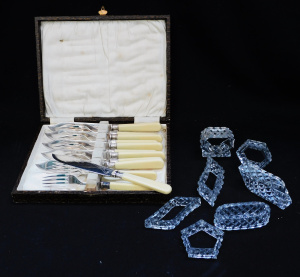 Mixed Group inc boxed EPNS Fish set with Ivorine handles & engraved blades &