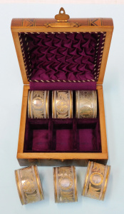 Vintage Inlaid Wooden Box with 6 EPNS& etched gilt napkins rings