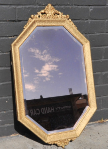 1930s Gilt framed wall mirror - peach glass with bevelled edges 81cm H