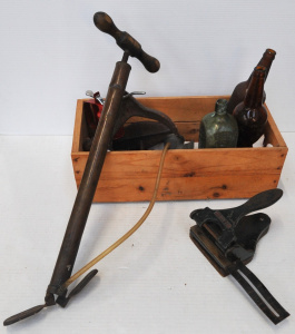 Box Lot of Vintage Items incl Vintage Brass Bike Pump, Glass Aromatics Schnapps