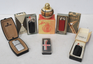 Lot of Vintage Cased Gas Lighters incl West German Airflam Ceramic Table Lighter