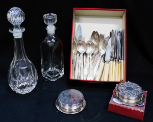 Mixed Group lot inc 2 x Glass Decanters, 2 x 7pce sets of EPNS coasters, Grosven